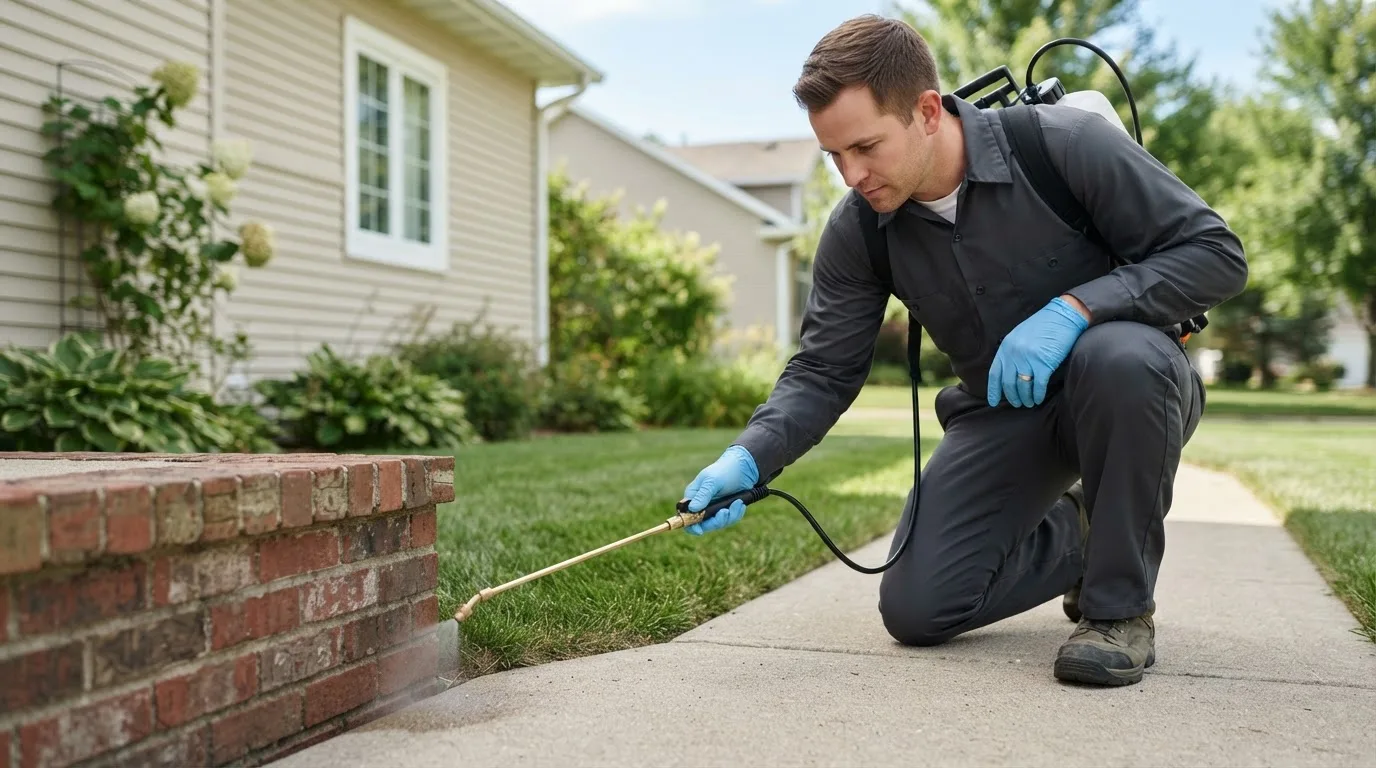 Pest control technician treating a home near Briggsdale, CO