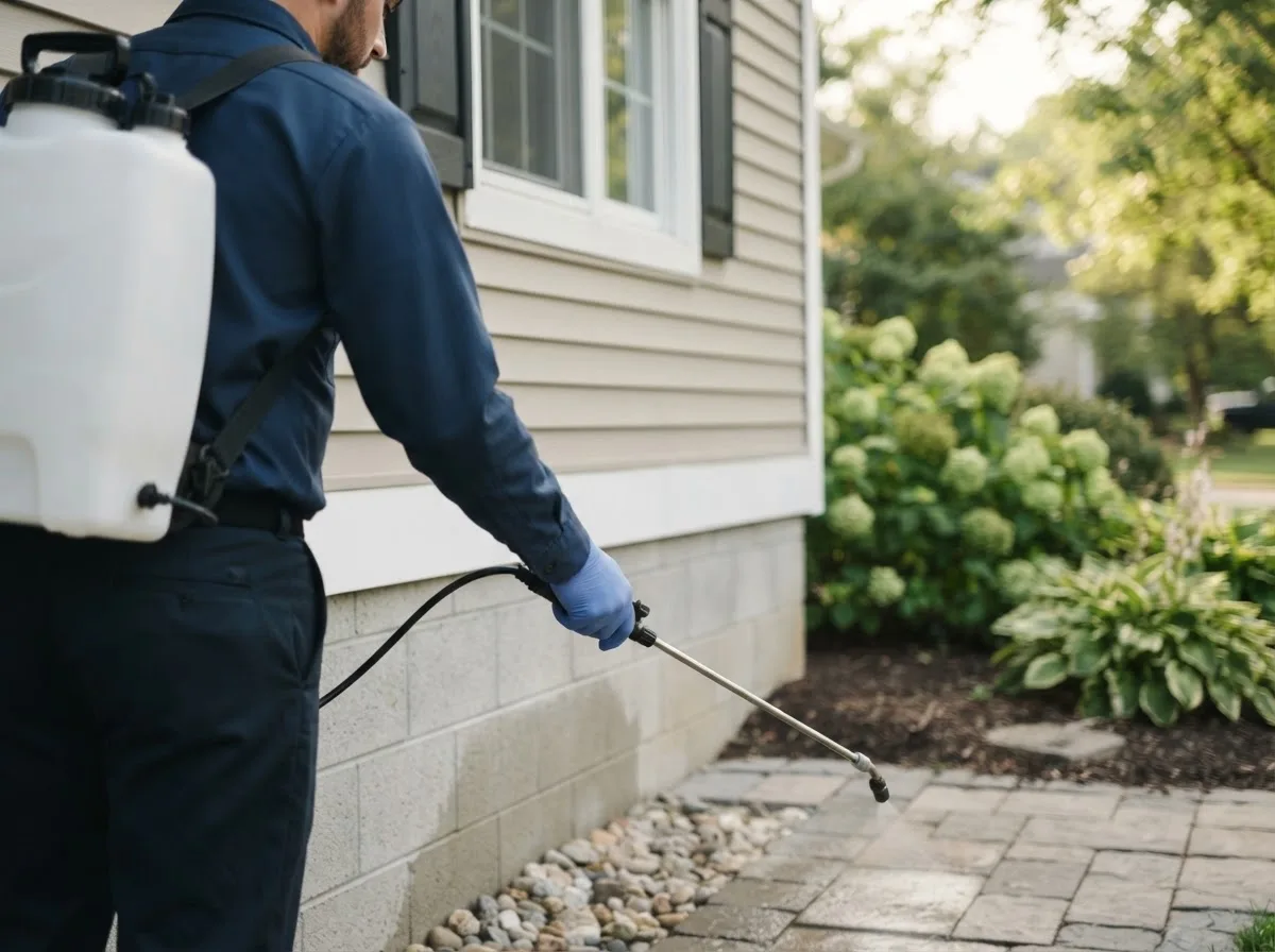 Pest control technician inspecting a home in Briggsdale, CO